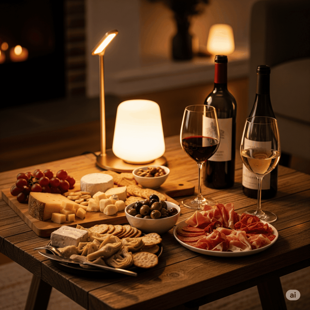 Mesa com petiscos variados, azeitonas, queijos, vinhos para noite romântica descontraída