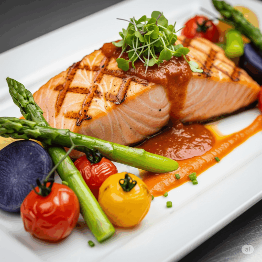Prato gourmet com salmão, aspargos e molho especial em apresentação elegante para jantar romântico