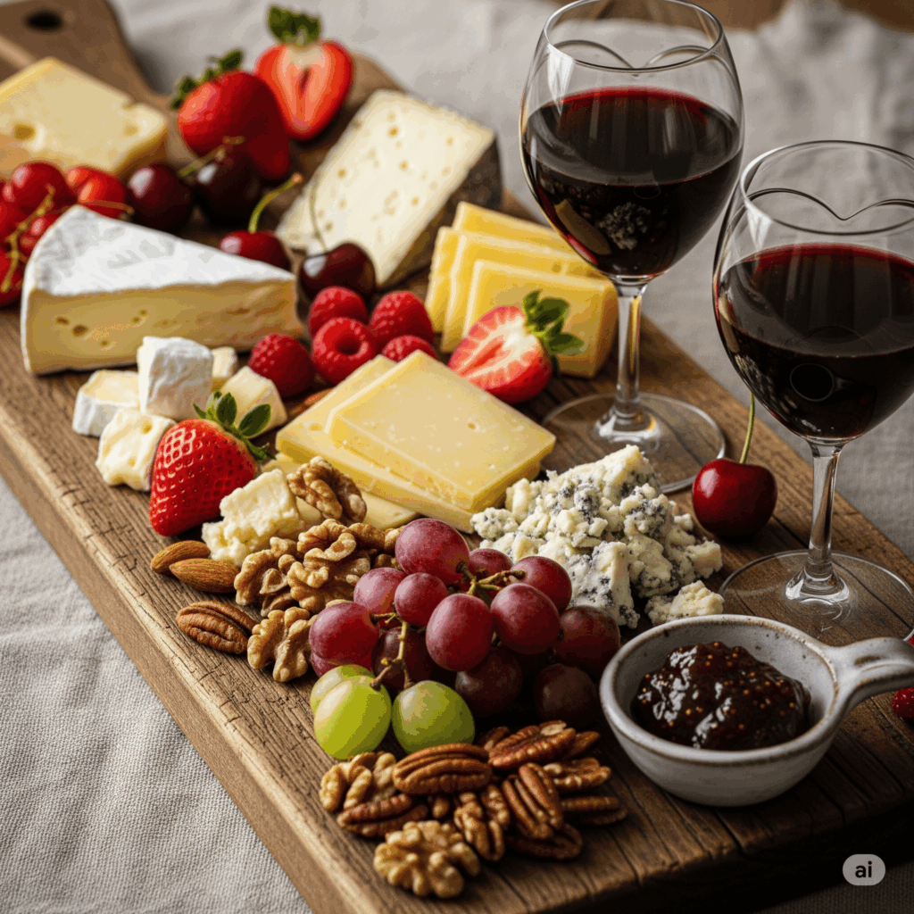 Tábua rústica com queijos, frutas vermelhas, nozes dispostas romanticamente com taças de vinho