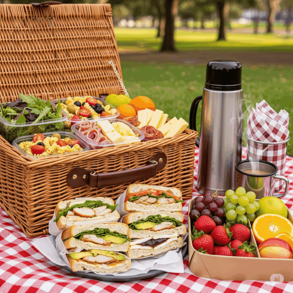 Cesta com sanduíches gourmet, frutas, termo de bebida quente para escapada romântica em chalé