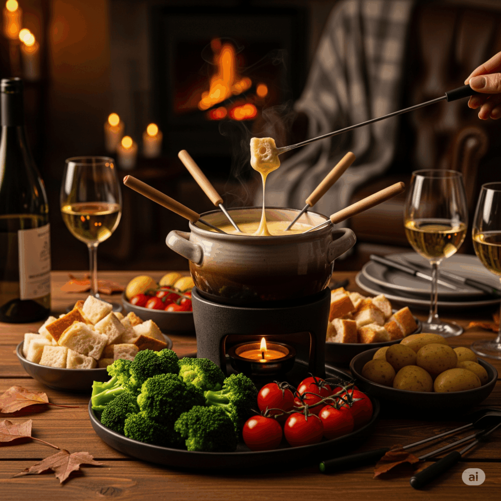 Panela com fondue de queijo derretido, pães e legumes ao redor, ambiente aconchegante para noite fria