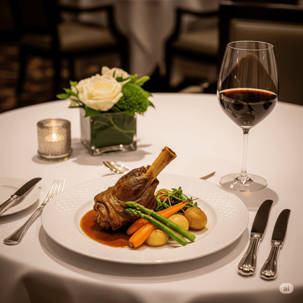 Mesa posta com prato principal elegante, acompanhamentos e vinho para jantar romântico noturno