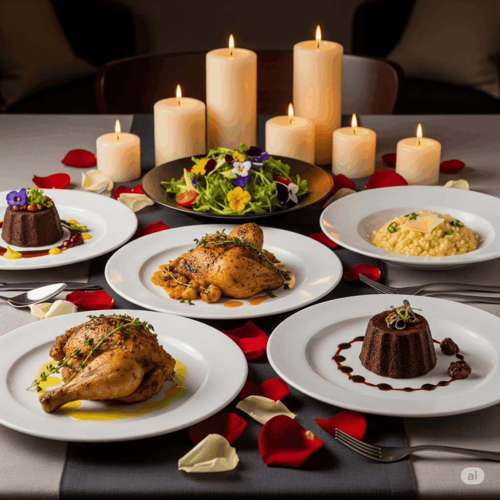 Mesa decorada com comida delivery servida em pratos próprios, velas, para jantar romântico