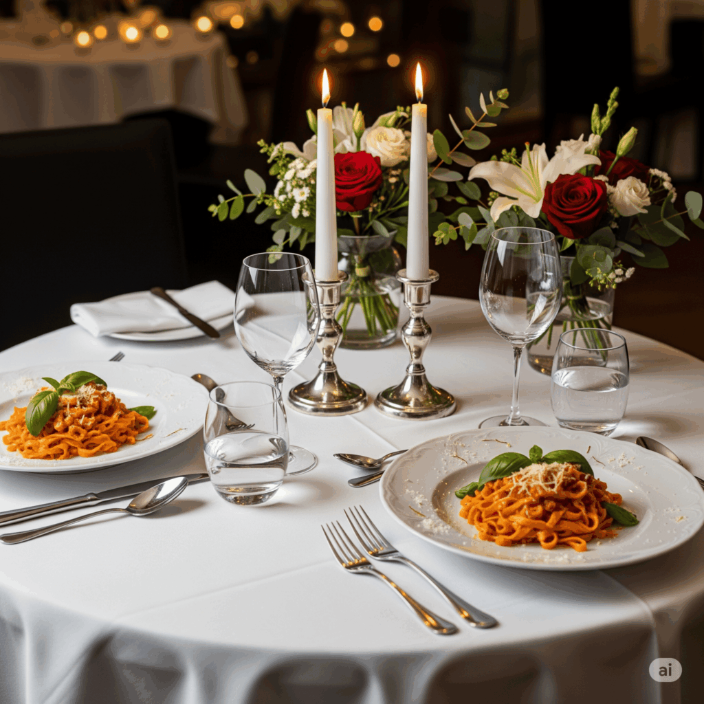 Mesa romântica com dois pratos de macarrão, velas acesas, flores para date especial