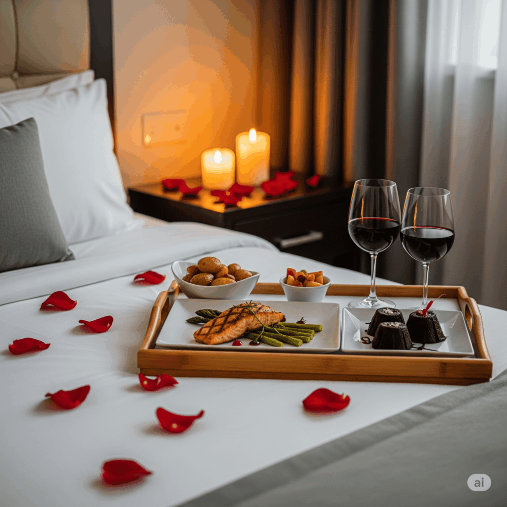 Quarto decorado com velas e pétalas, bandeja com comida servida na cama para jantar romântico
