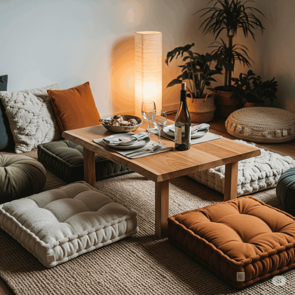 Sala decorada com mesa no chão, almofadas, velas e decoração especial para jantar romântico diferente